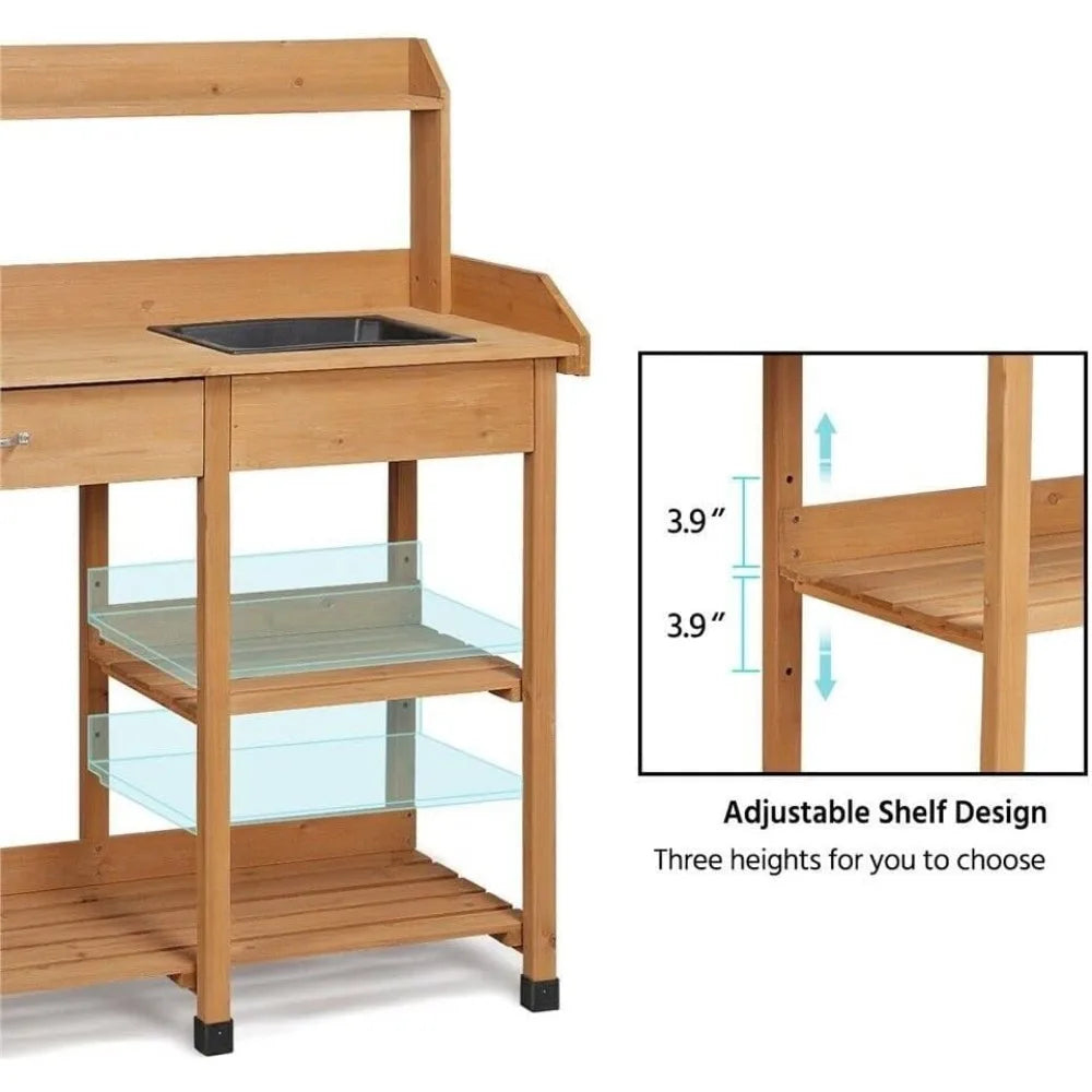 Potting Bench Table Patio Outdoor Garden Work Station Planting Shelf Sink Drawer Solid Wood Construction, Deck, Balcony  (Color