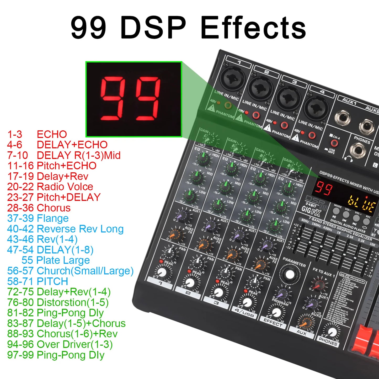Lomeho 6 Channels Mixing Console Mono 99 Digital Effect USB Sound Table Record Bluetooth 48V 2 AUX Audio Mixer Dj Karaoke AM-GT6