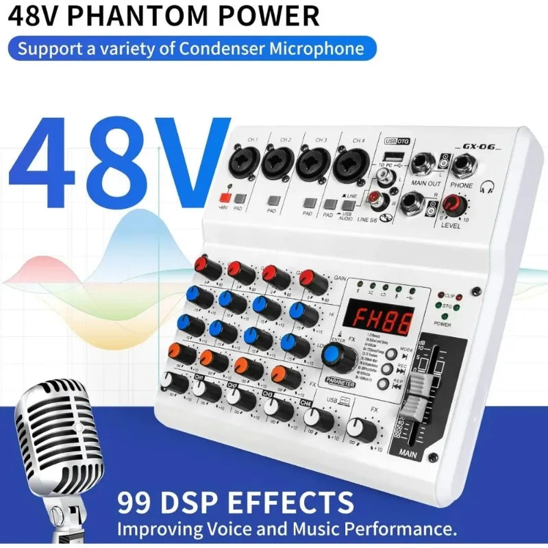 NEW 6-Channel Audio Mixer with 99 Sound Effects for PC,Portable Sound Mixing Console with Bluetooth USB Recording Input
