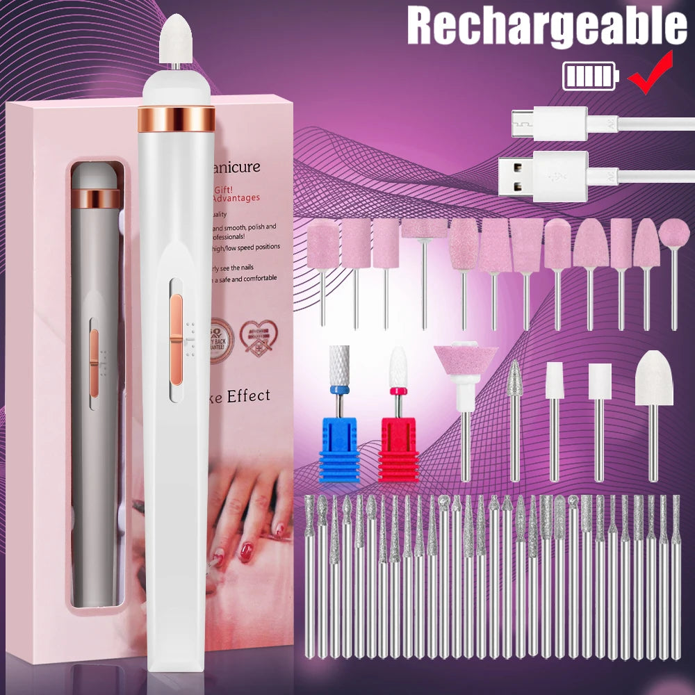LULAA Portable Nail File Care Electric Nail Drill with 5 Attachment Drill Bits USB Charge for Manicure and Pedicure Tools