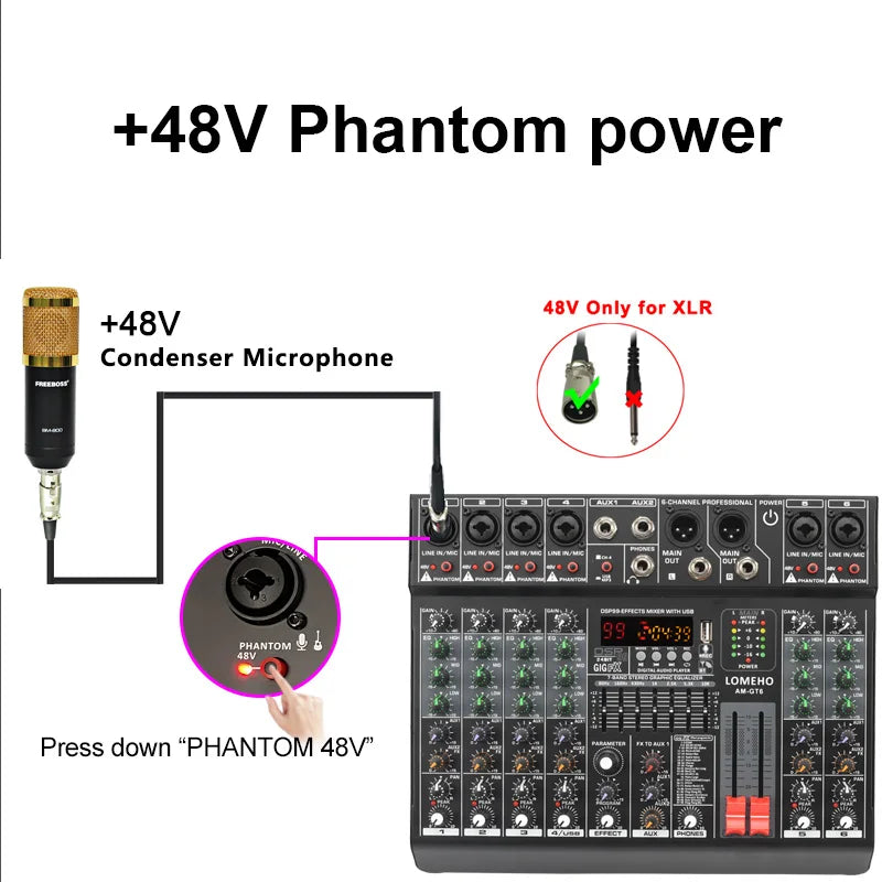 Lomeho 6 Channels Mixing Console Mono 99 Digital Effect USB Sound Table Record Bluetooth 48V 2 AUX Audio Mixer Dj Karaoke AM-GT6