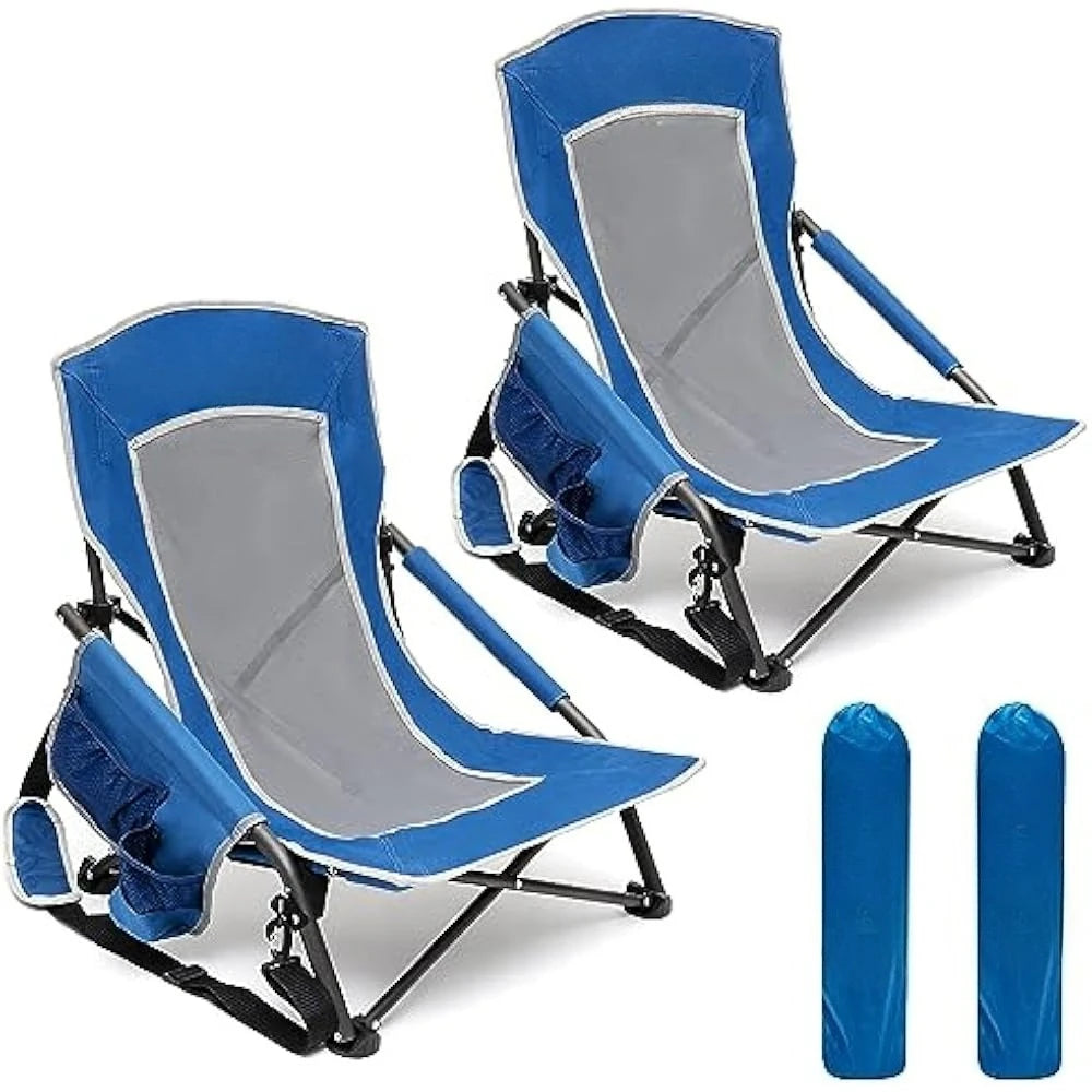 Folding Low Camping Beach Chair 2 Pack, Lightweight Portable Lawn Chair with Mesh Back, Cup Holder for Outdoor/Travel/Picnic