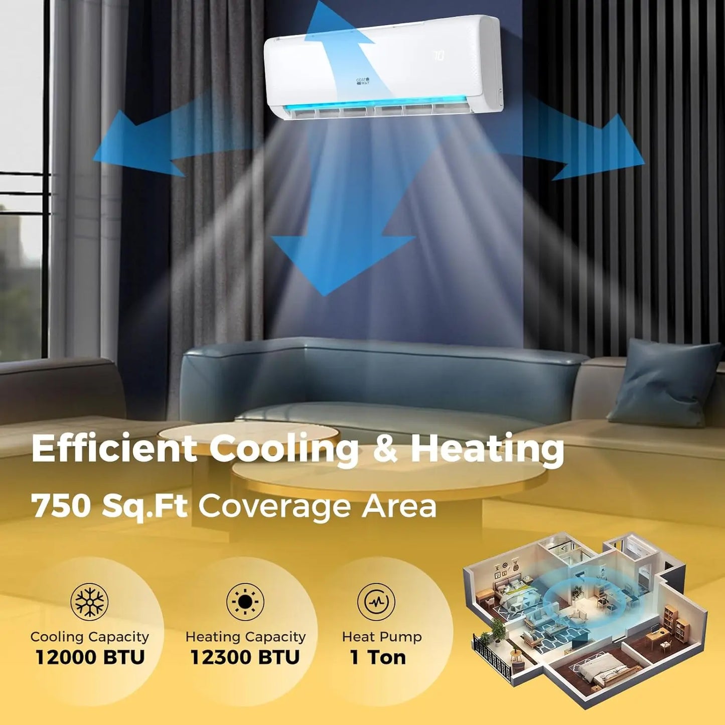 12,000 BTU Mini Split Air Conditioner, with Heat Pump, Energy Star, 21 SEER2 Inverter, 24H Timer, Auto Clean, Remote Control
