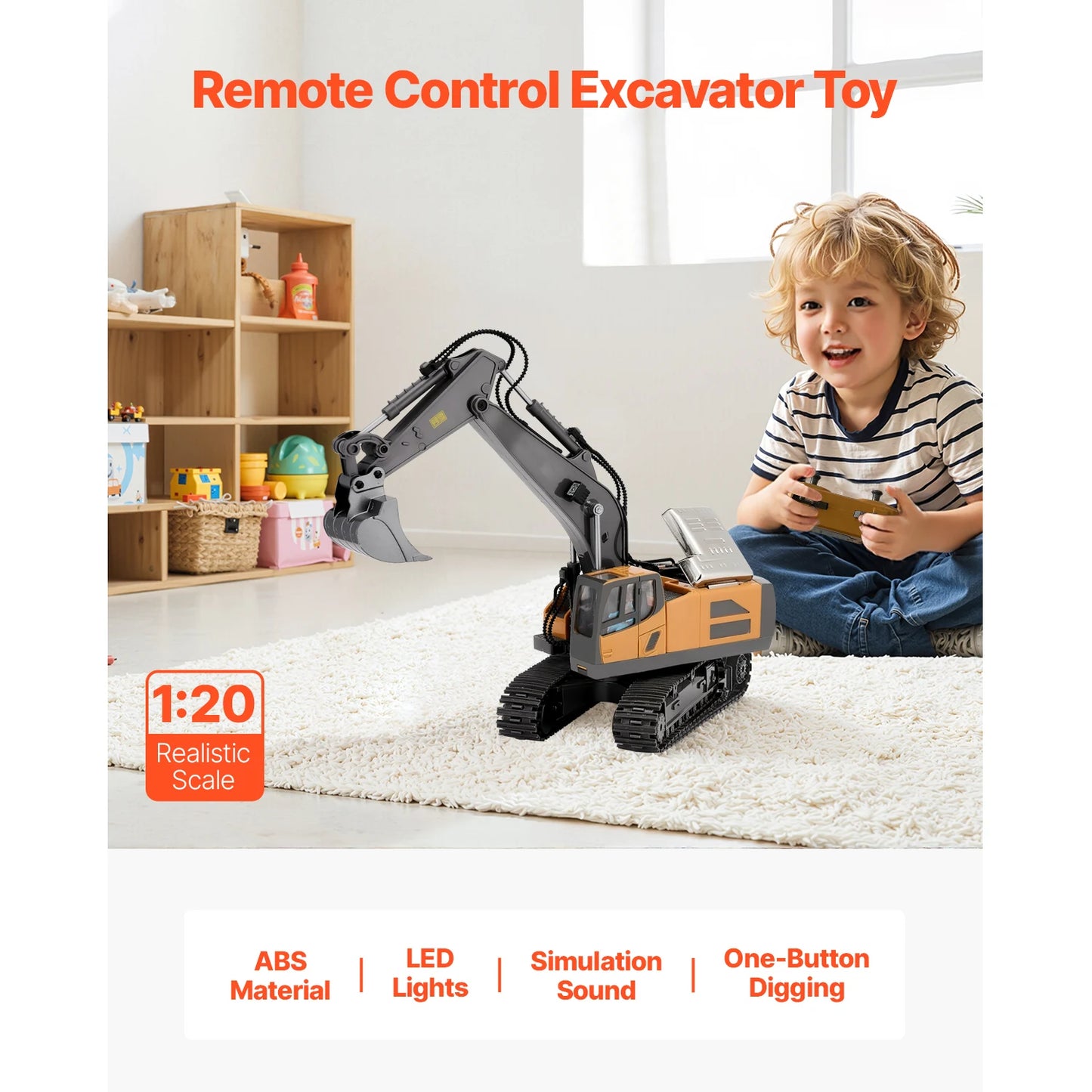 VEVOR 2.4G Rc Excavator 1:20 Scale with Lights & Sounds Construction Vehicles Remote Control Car Digger Toys for Kids Boys Gifts