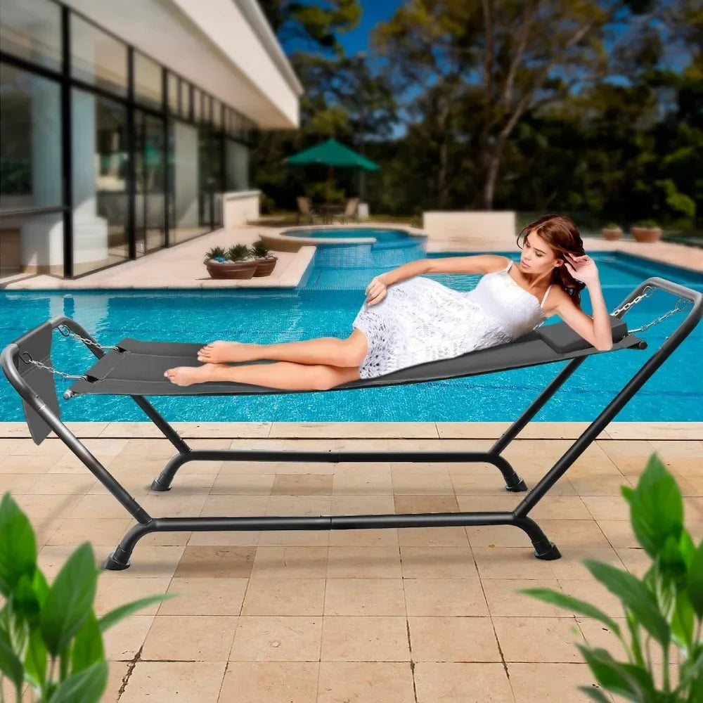 Cozy Hammock Bed- Patio Hammock with Stand w/Pillow and Storage Pockets- Heavy Duty 500lbs Support- Durable Outdoor Hammo