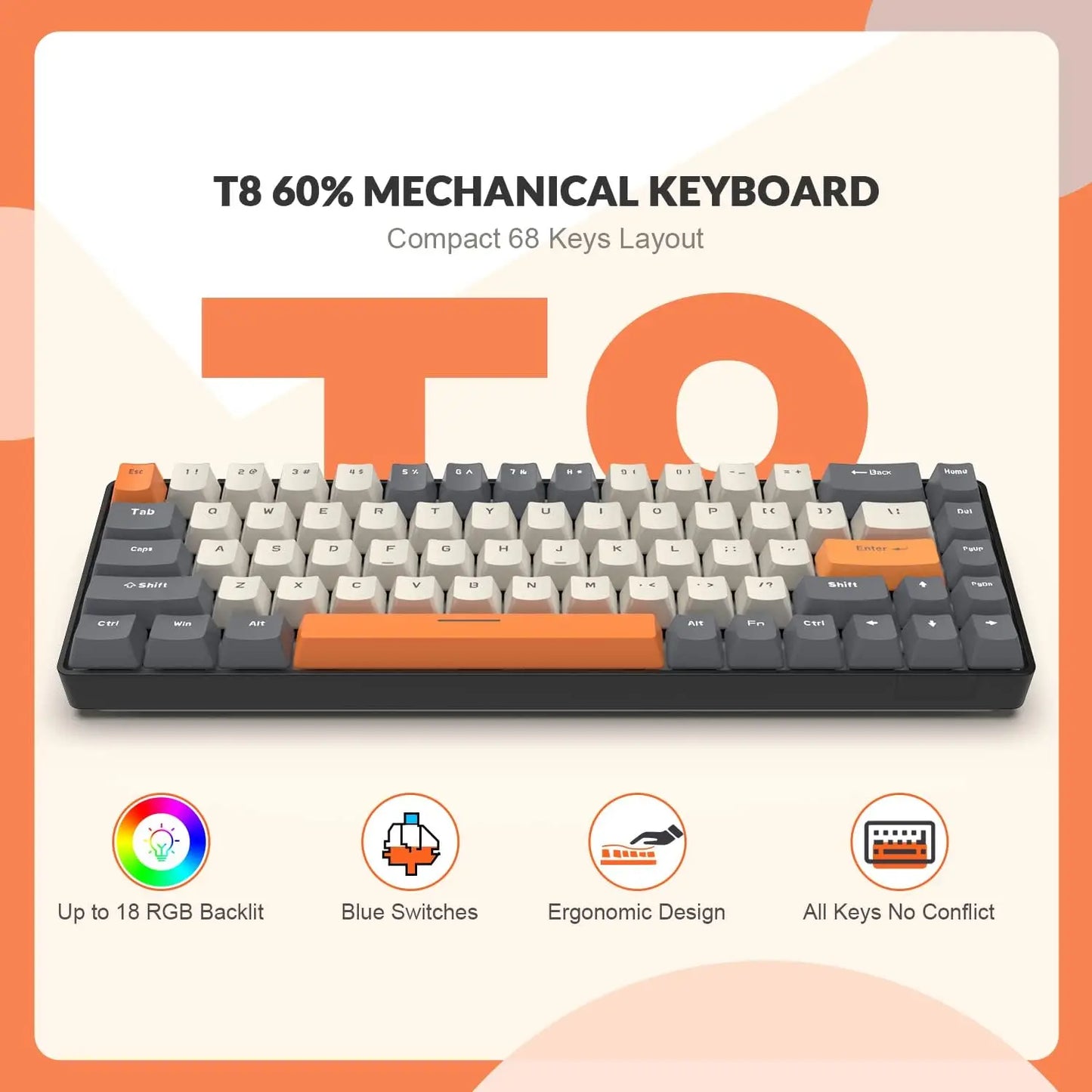 MAMBASNAKE x ZIYOU LANG T8 60% Mechanical Gaming Keyboard,68 Keys TKL Compact Layout Mini Keyboard,18 Chroma RGB Backlit