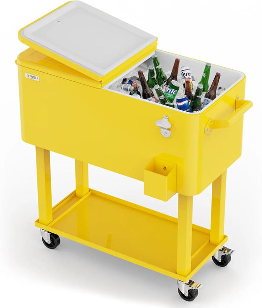 80 Quart Rolling Ice Chest, Portable Patio Party Bar Drink Cooler Cart, with Shelf, Beverage Pool with Bottle Opener
