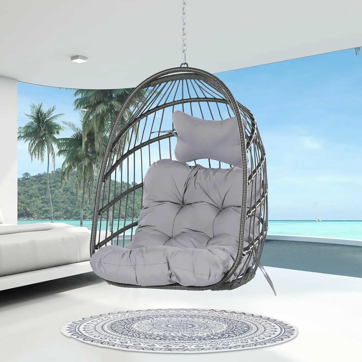 Swing Egg Chair Outdoor Indoor, Patio Wicker Hanging Egg Chairs with Stand, Swinging Hammock with Padded Cushions,