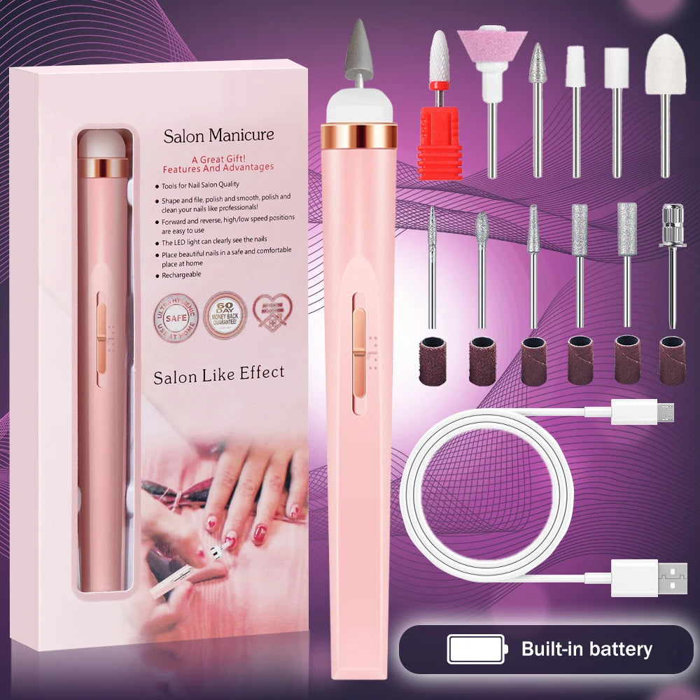 LULAA Portable Nail File Care Electric Nail Drill with 5 Attachment Drill Bits USB Charge for Manicure and Pedicure Tools