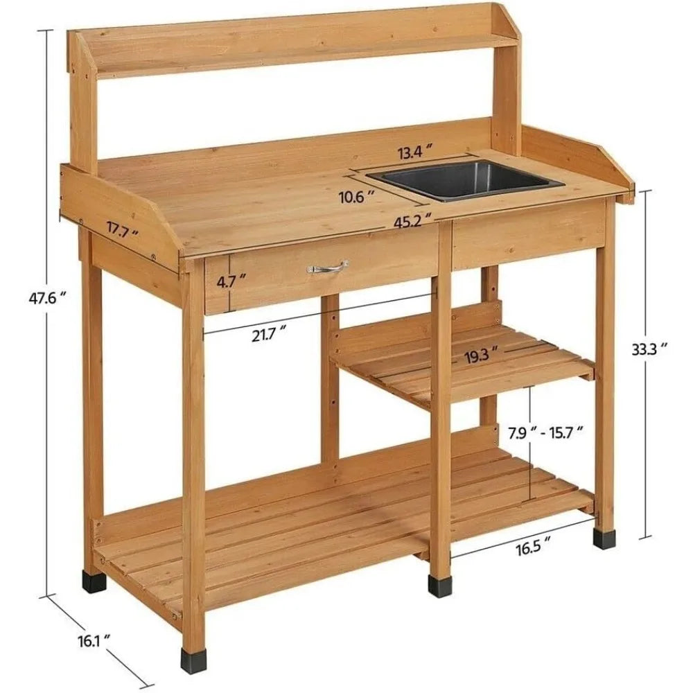Potting Bench Table Patio Outdoor Garden Work Station Planting Shelf Sink Drawer Solid Wood Construction, Deck, Balcony  (Color