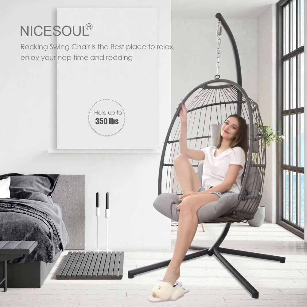 Swing Egg Chair Outdoor Indoor, Patio Wicker Hanging Egg Chairs with Stand, Swinging Hammock with Padded Cushions,