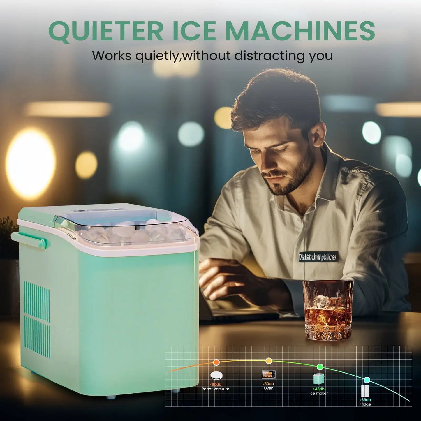 Countertop Ice Maker, Machine Self-Cleaning, 2 Sizes Bullet Ice, Portable Ice Machine with Ice Scoop, Basket and Handle, Green