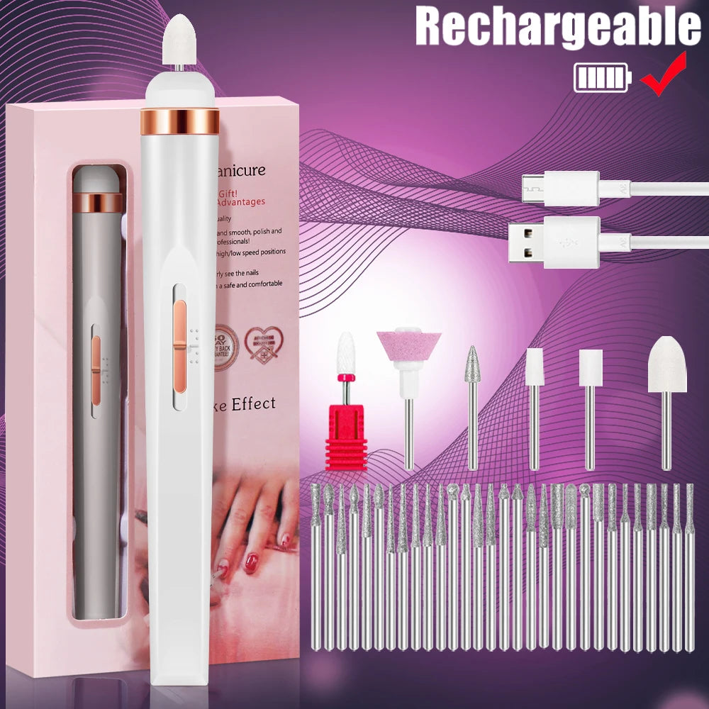 LULAA Portable Nail File Care Electric Nail Drill with 5 Attachment Drill Bits USB Charge for Manicure and Pedicure Tools