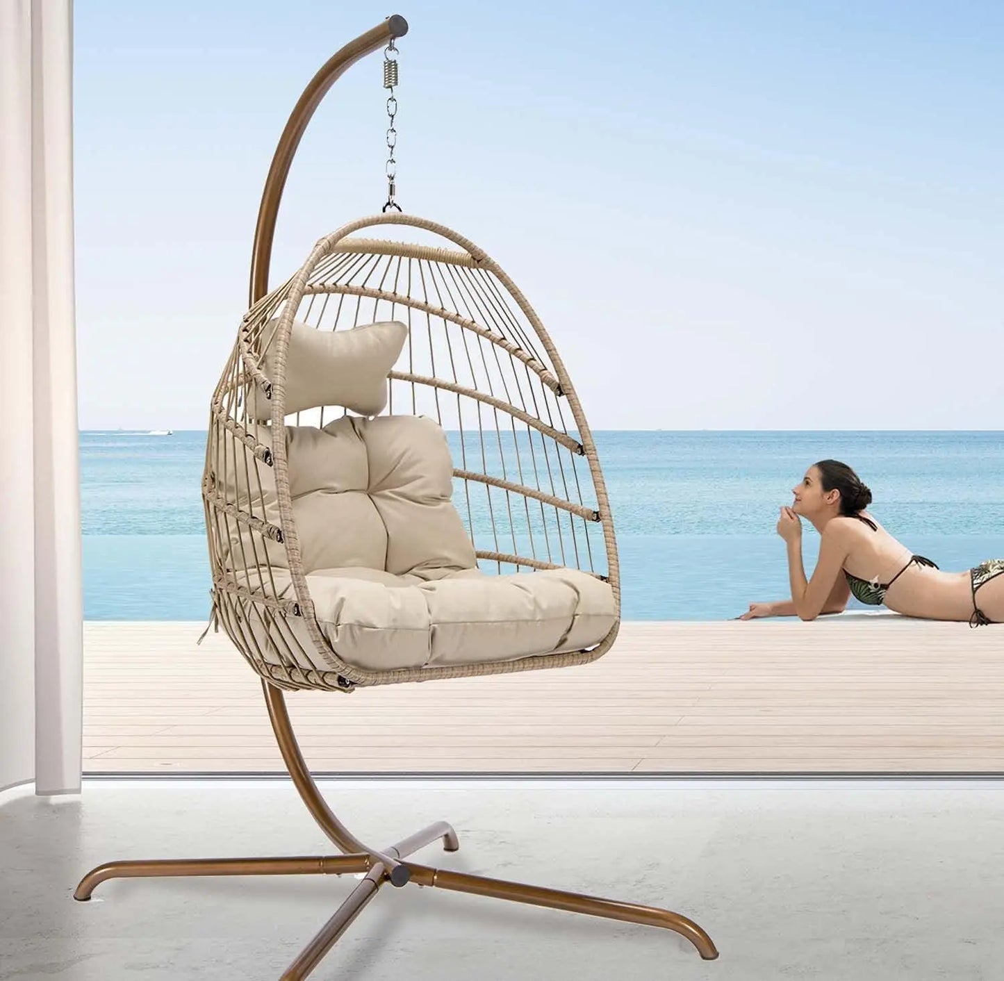 Swing Egg Chair Outdoor Indoor, Patio Wicker Hanging Egg Chairs with Stand, Swinging Hammock with Padded Cushions,