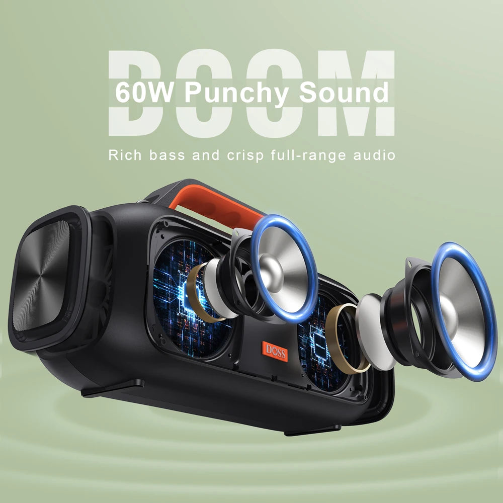DOSS Outdoor Portable Bluetooth Speaker Powerful 60W Stereo Bass Subwoofer SoundBox IPX6 Waterproof TWS Pairing Wireless Speaker