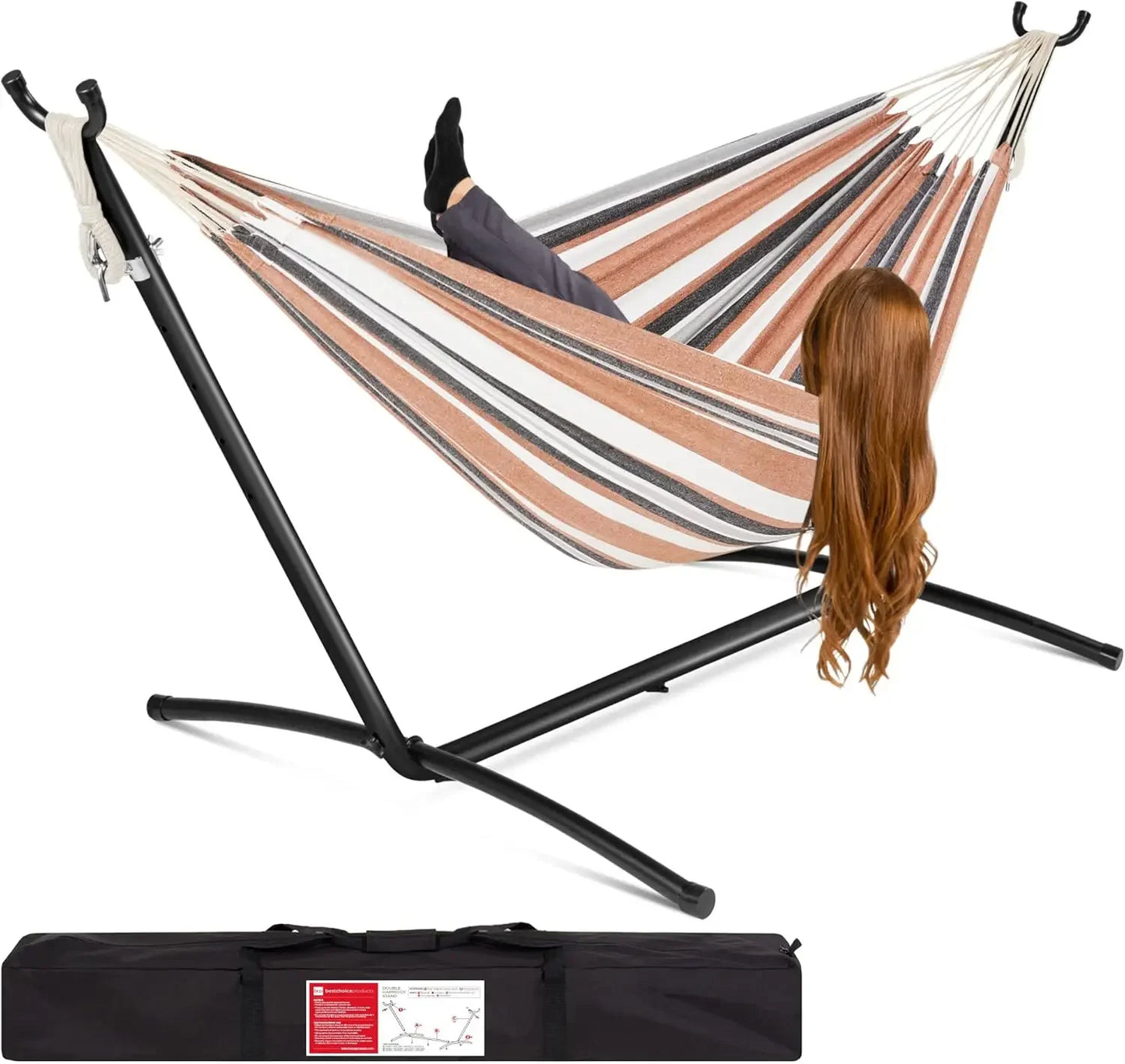 Double Hammock with Steel Stand, Indoor Outdoor Brazilian-Style Cotton Bed w/Carrying Bag