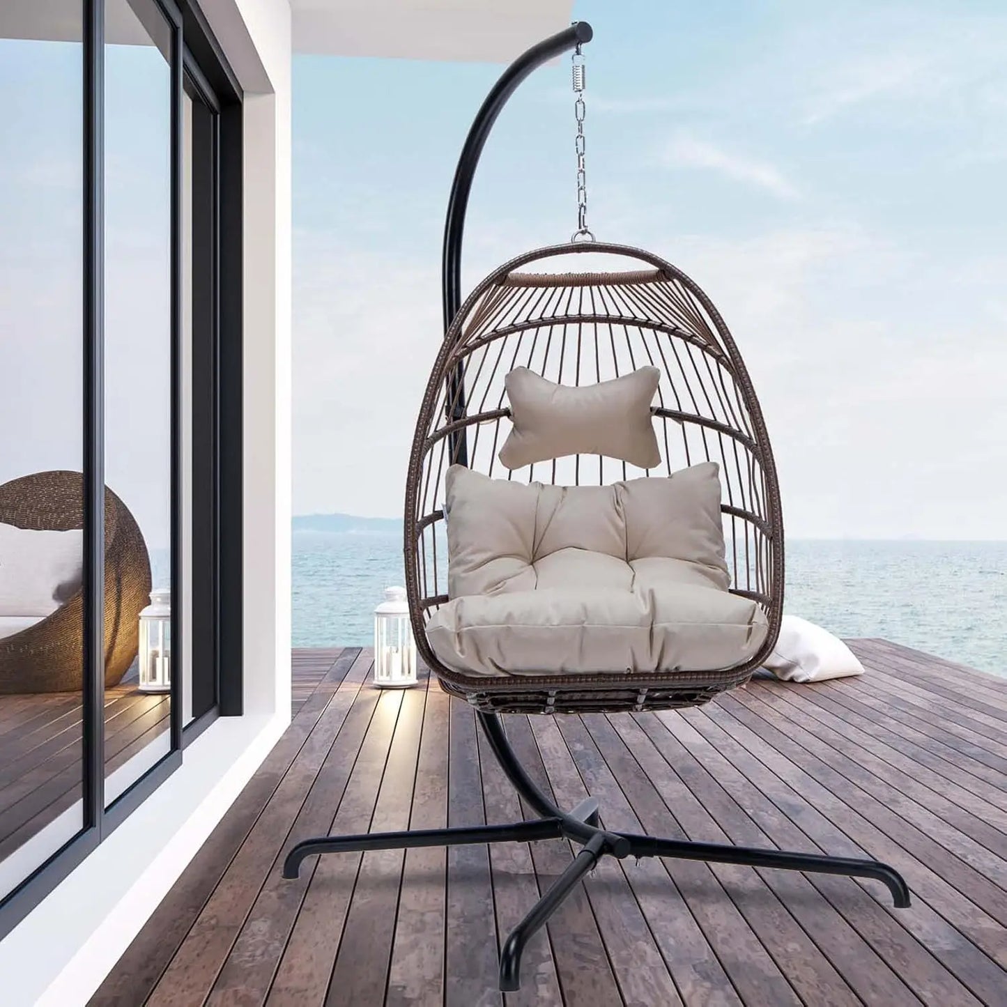 Swing Egg Chair Outdoor Indoor, Patio Wicker Hanging Egg Chairs with Stand, Swinging Hammock with Padded Cushions,