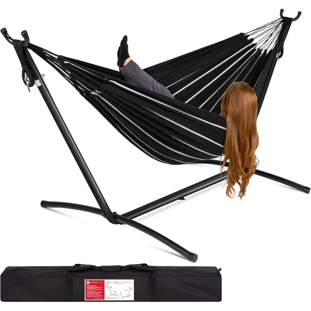 Double Hammock with Steel Stand, Indoor Outdoor Brazilian-Style Cotton Bed w/Carrying Bag