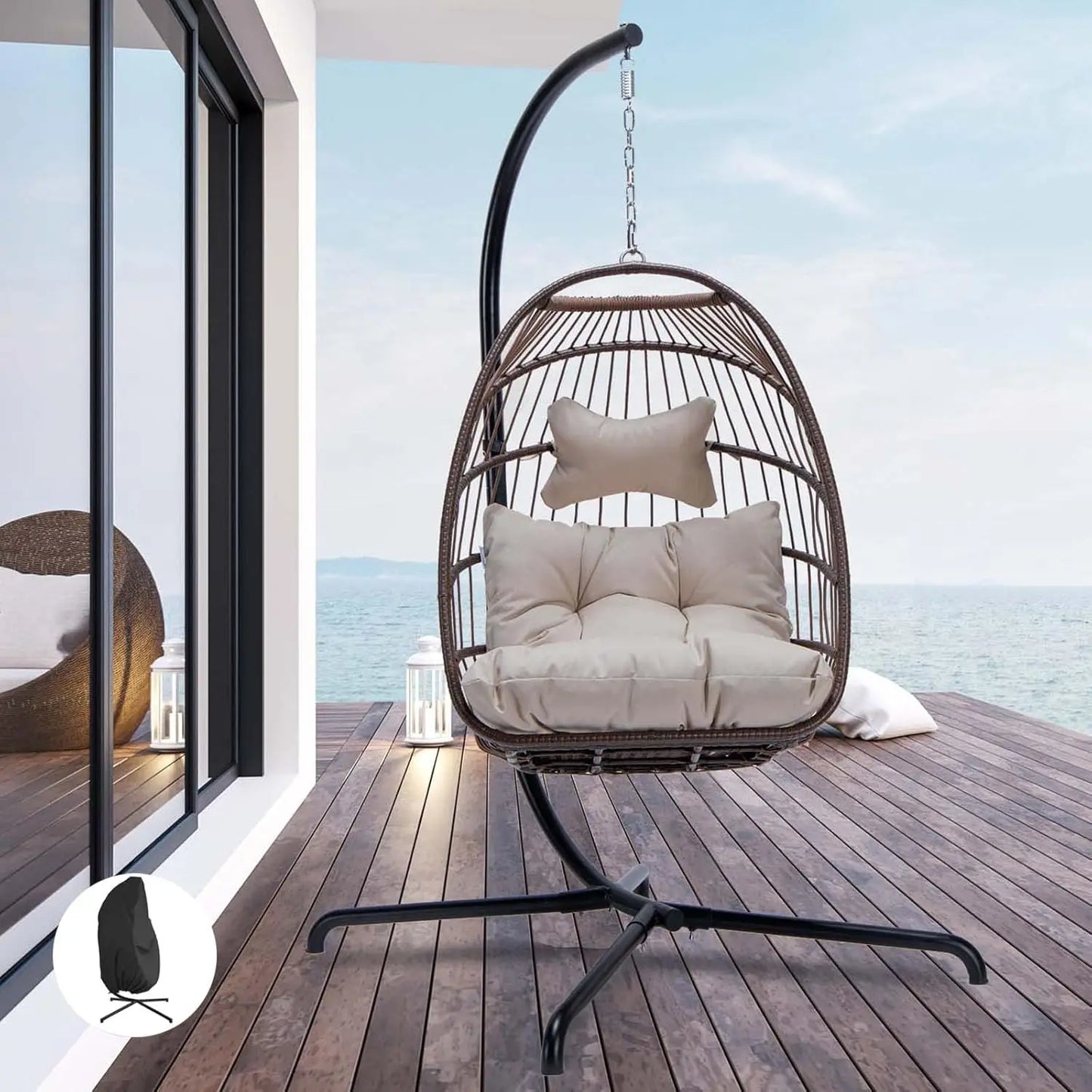 Swing Egg Chair Outdoor Indoor, Patio Wicker Hanging Egg Chairs with Stand, Swinging Hammock with Padded Cushions,