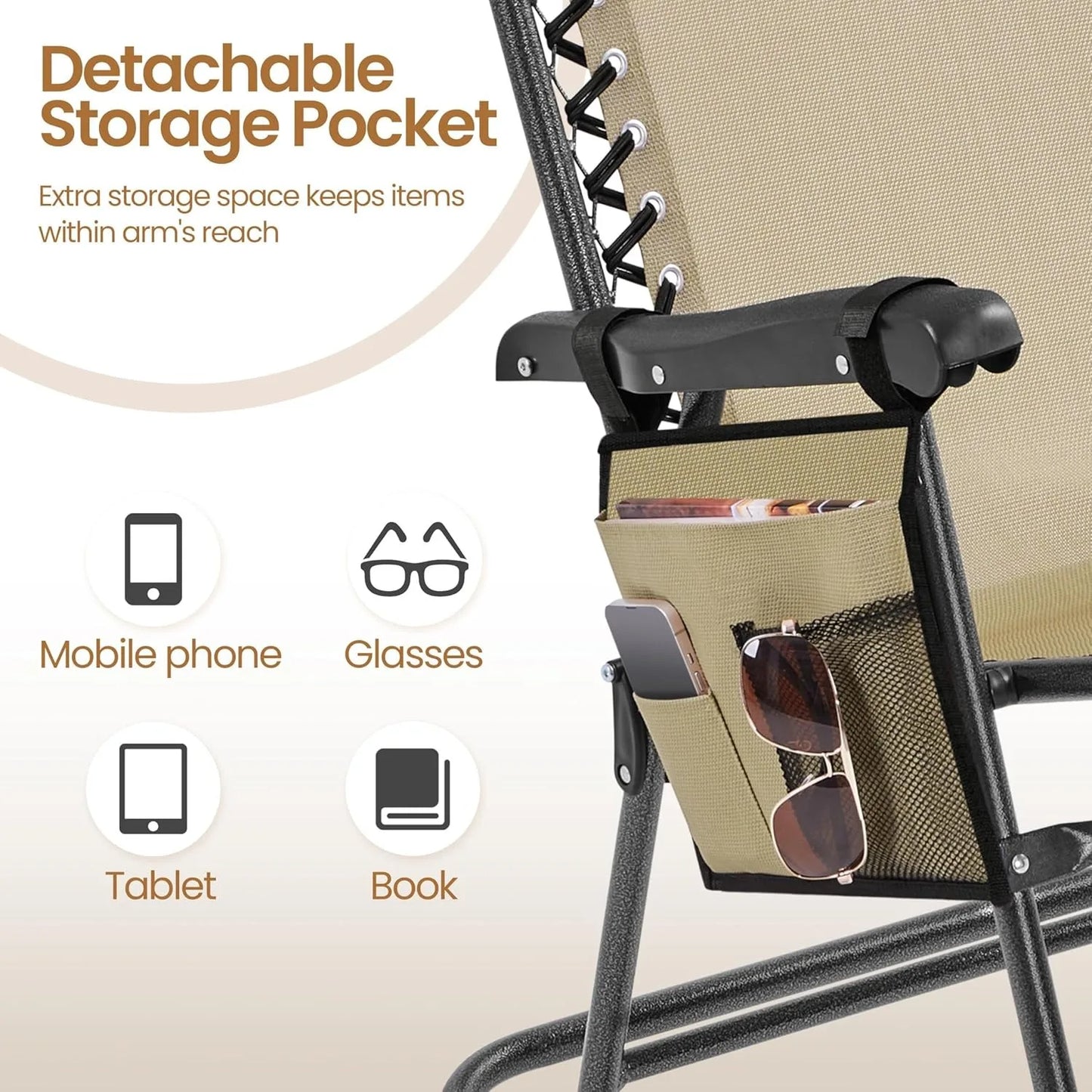26in Rocking Chair Outdoor Zero Gravity Folding Chairs Rocking Chairs Foldable Outdoor Reclining Lounge Chair for Outside Lawn