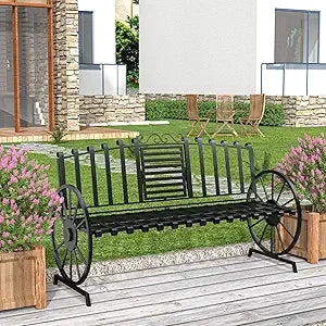 Outdoor Bench Patio Outdoor Garden Bench with Built-in Table, Wagon Wheel Arms, 3 People Outdoor Bench Garden Bench Front Porch