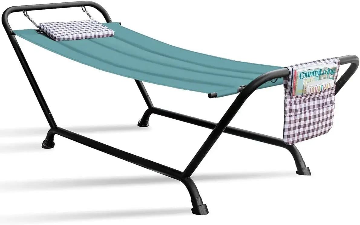 Cozy Hammock Bed- Patio Hammock with Stand w/Pillow and Storage Pockets- Heavy Duty 500lbs Support- Durable Outdoor Hammo