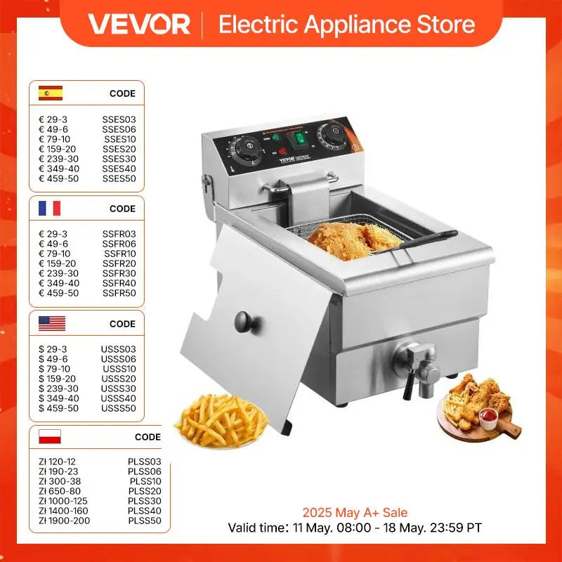 VEVOR Commercial Deep Fryer Electric Countertop Fryer with Basket 11.6Qt Stainless Steel Single Oil Fryer w/Time & Temp Control