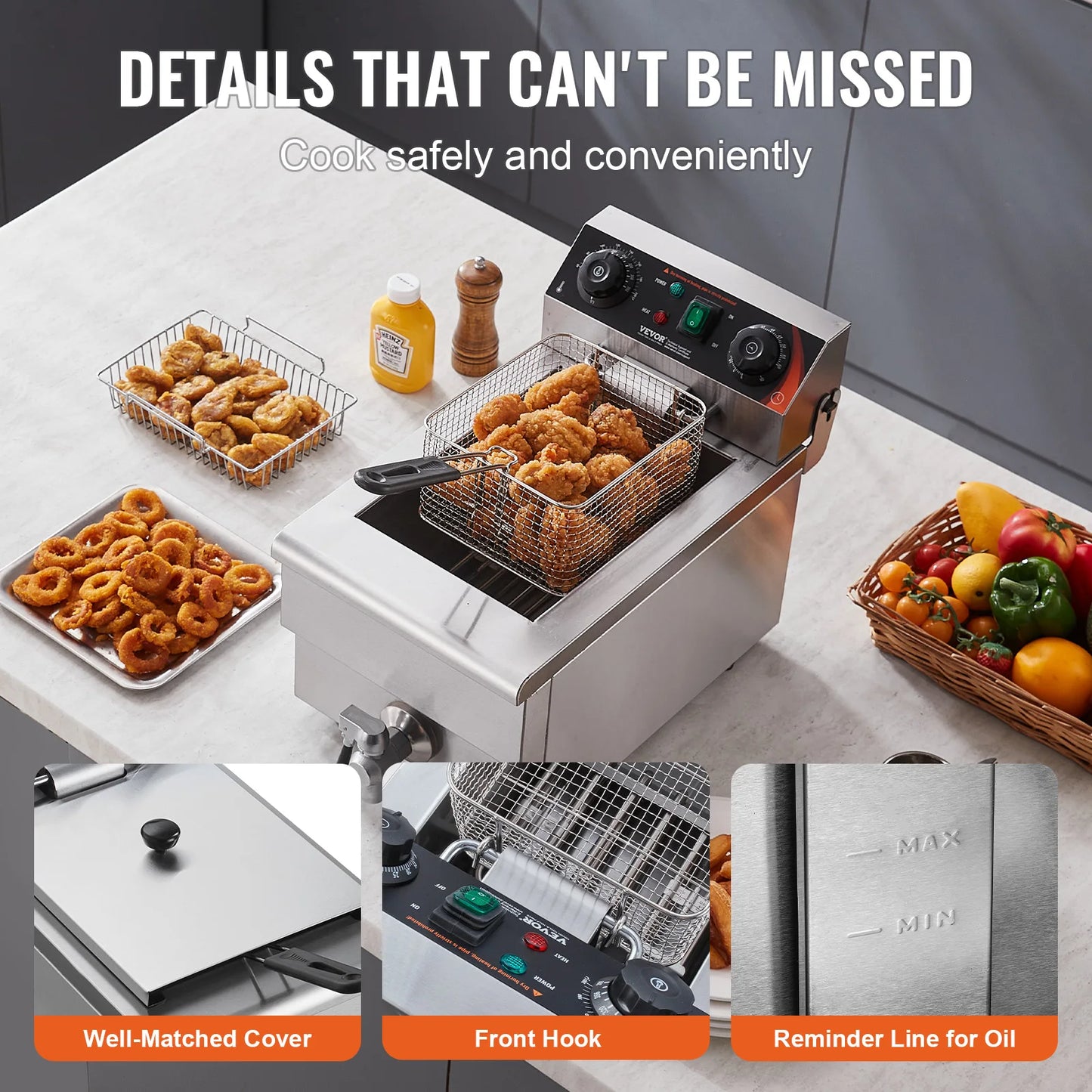 VEVOR Commercial Deep Fryer Electric Countertop Fryer with Basket 11.6Qt Stainless Steel Single Oil Fryer w/Time & Temp Control