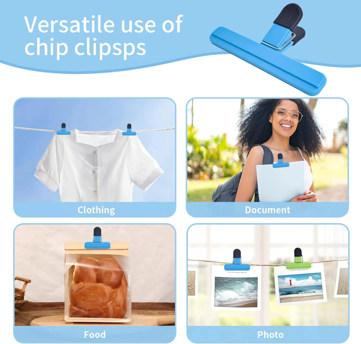 9Pack Large Chip Bag Clips - Assorted Sizes Food Bag Clips Plastic Heavy Seal Grip
