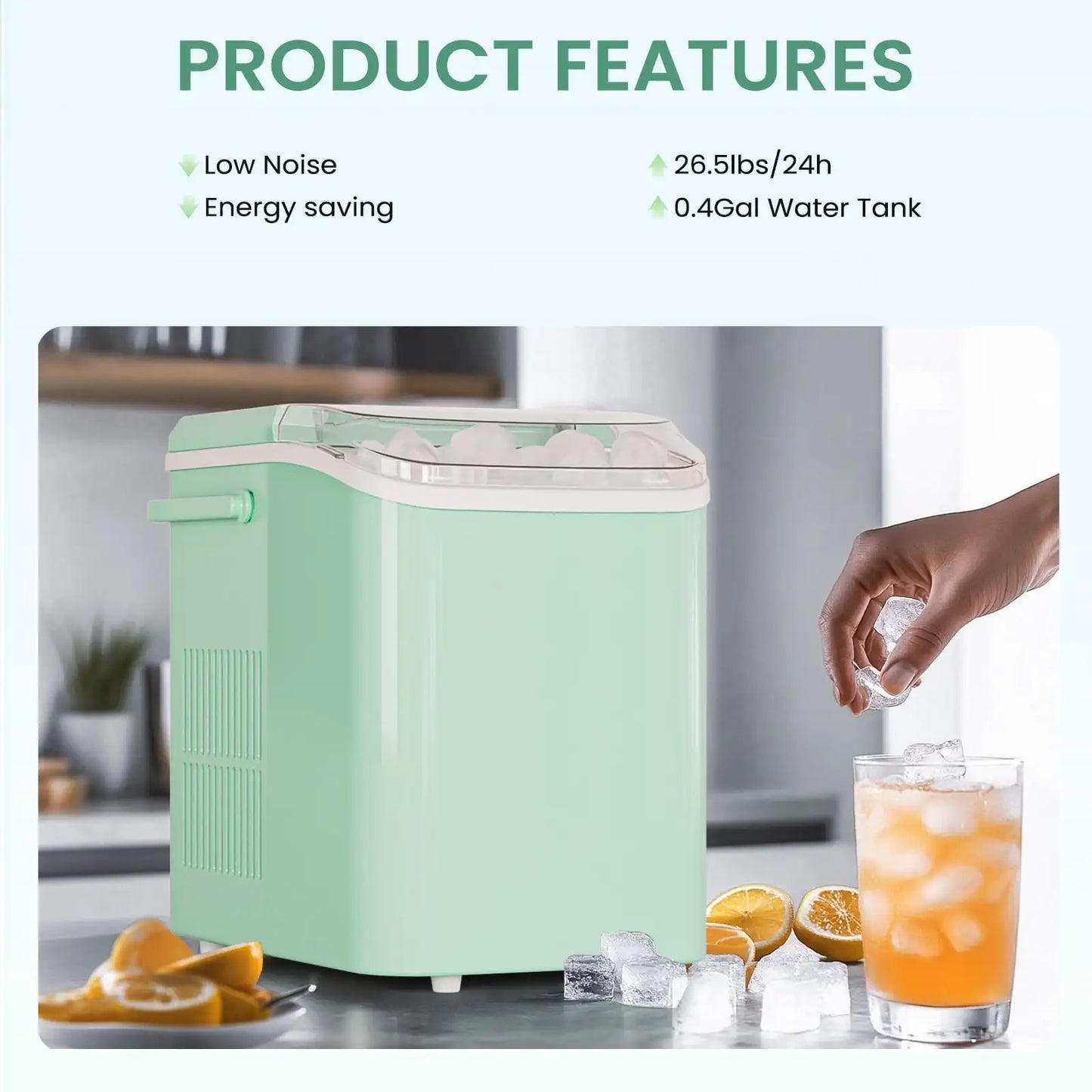 Countertop Ice Maker, Machine Self-Cleaning, 2 Sizes Bullet Ice, Portable Ice Machine with Ice Scoop, Basket and Handle, Green