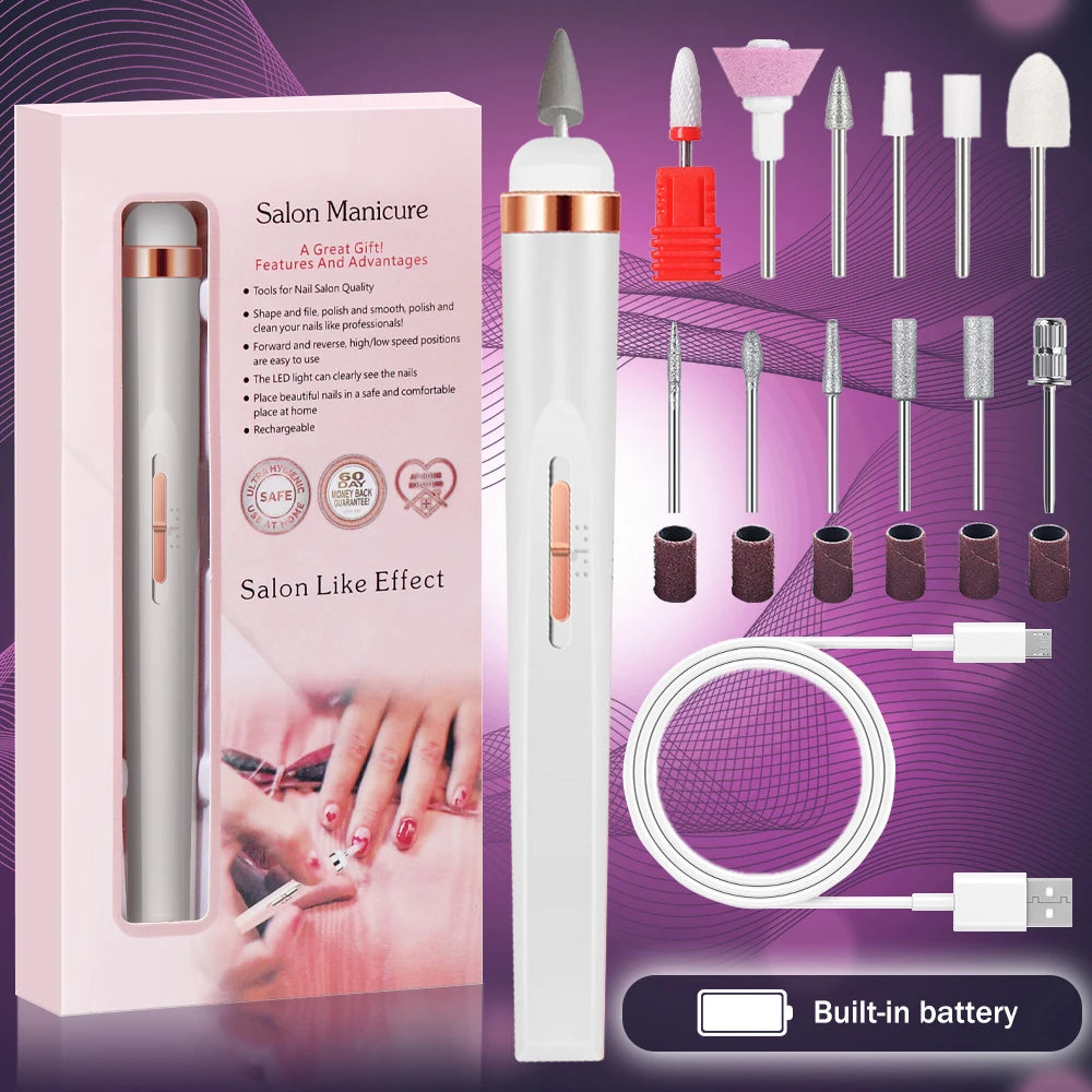 LULAA Portable Nail File Care Electric Nail Drill with 5 Attachment Drill Bits USB Charge for Manicure and Pedicure Tools