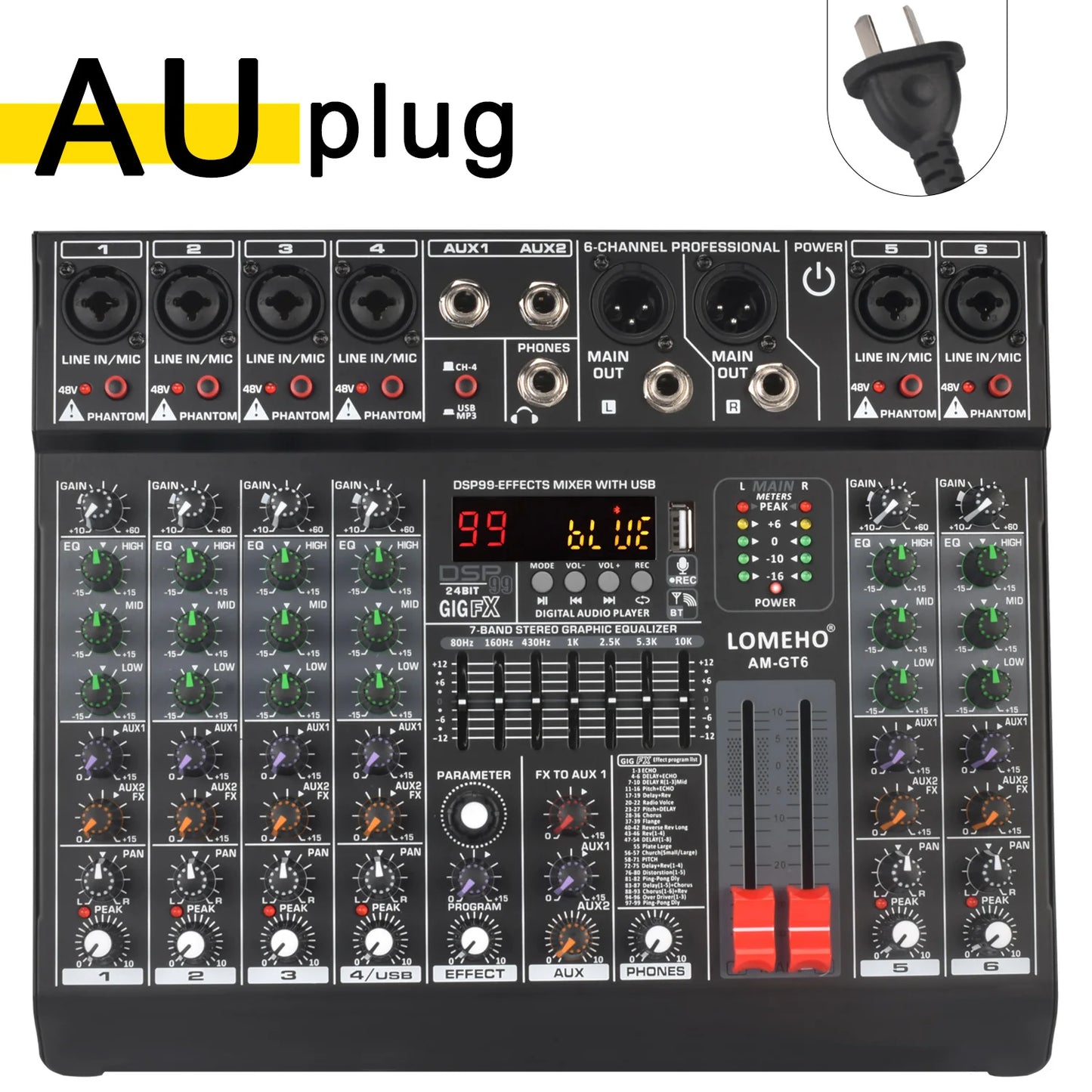 Lomeho 6 Channels Mixing Console Mono 99 Digital Effect USB Sound Table Record Bluetooth 48V 2 AUX Audio Mixer Dj Karaoke AM-GT6