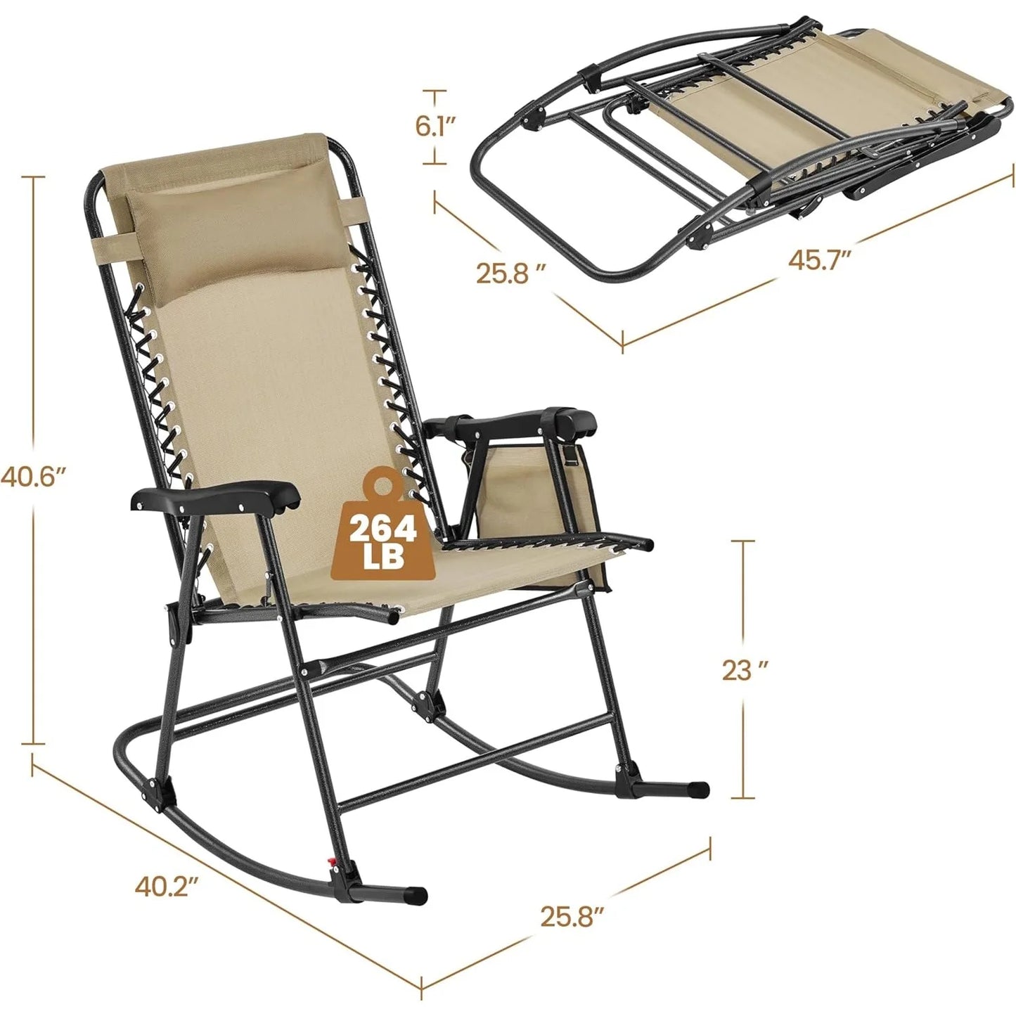 26in Rocking Chair Outdoor Zero Gravity Folding Chairs Rocking Chairs Foldable Outdoor Reclining Lounge Chair for Outside Lawn