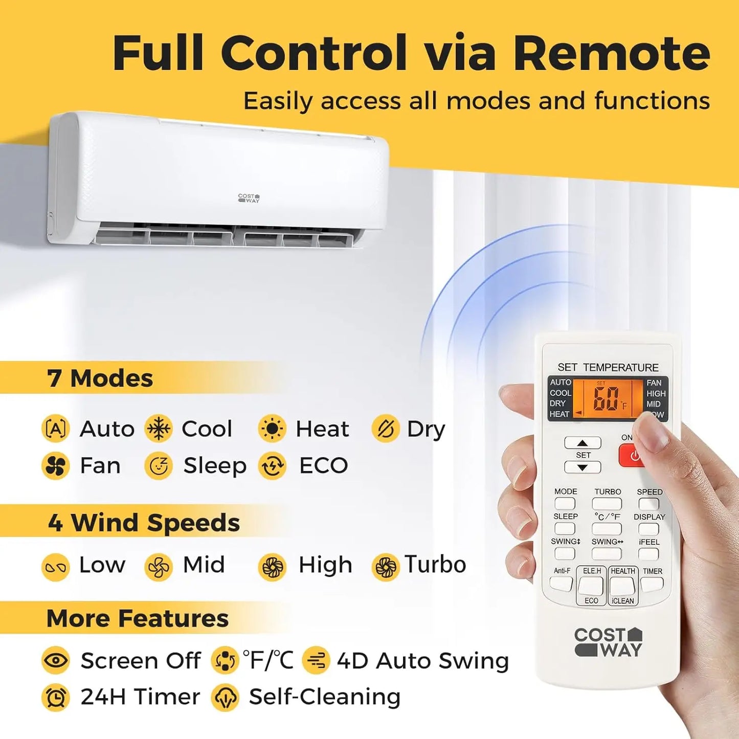 12,000 BTU Mini Split Air Conditioner, with Heat Pump, Energy Star, 21 SEER2 Inverter, 24H Timer, Auto Clean, Remote Control