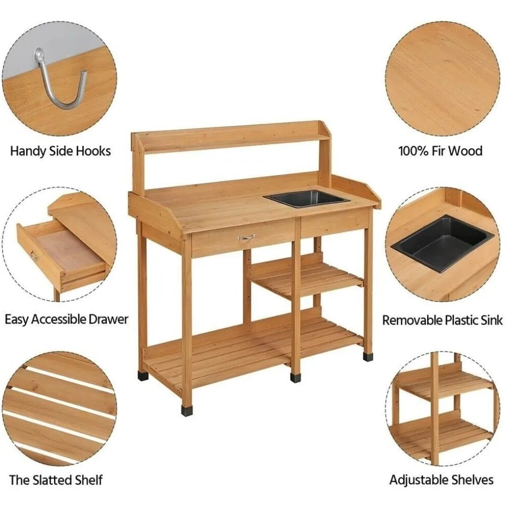 Potting Bench Table Patio Outdoor Garden Work Station Planting Shelf Sink Drawer Solid Wood Construction, Deck, Balcony  (Color