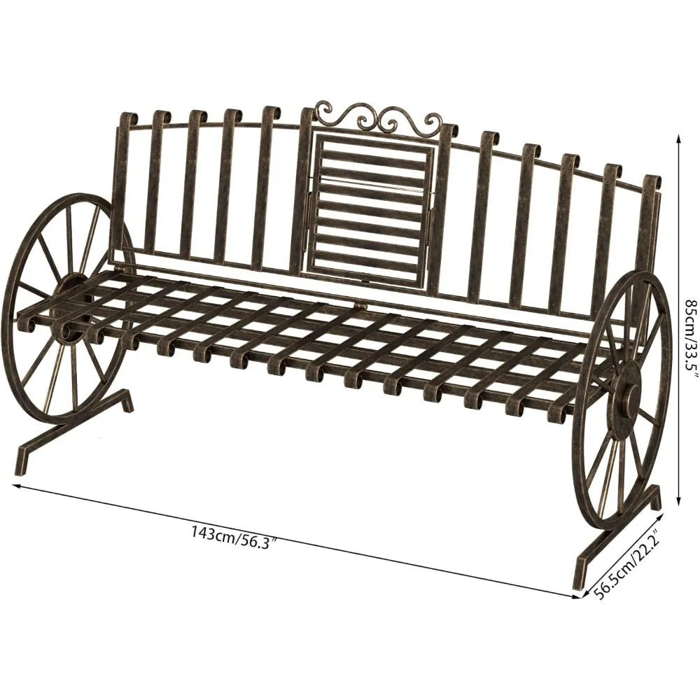Outdoor Bench Patio Outdoor Garden Bench with Built-in Table, Wagon Wheel Arms, 3 People Outdoor Bench Garden Bench Front Porch