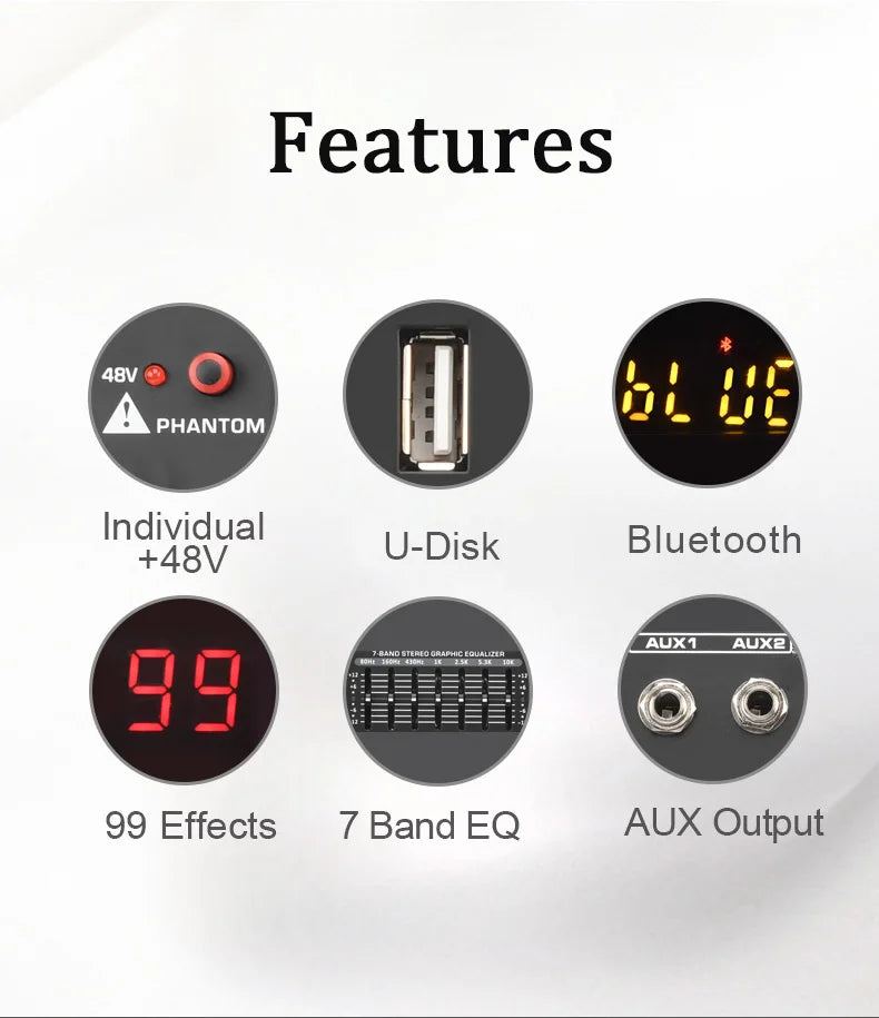 Lomeho 6 Channels Mixing Console Mono 99 Digital Effect USB Sound Table Record Bluetooth 48V 2 AUX Audio Mixer Dj Karaoke AM-GT6