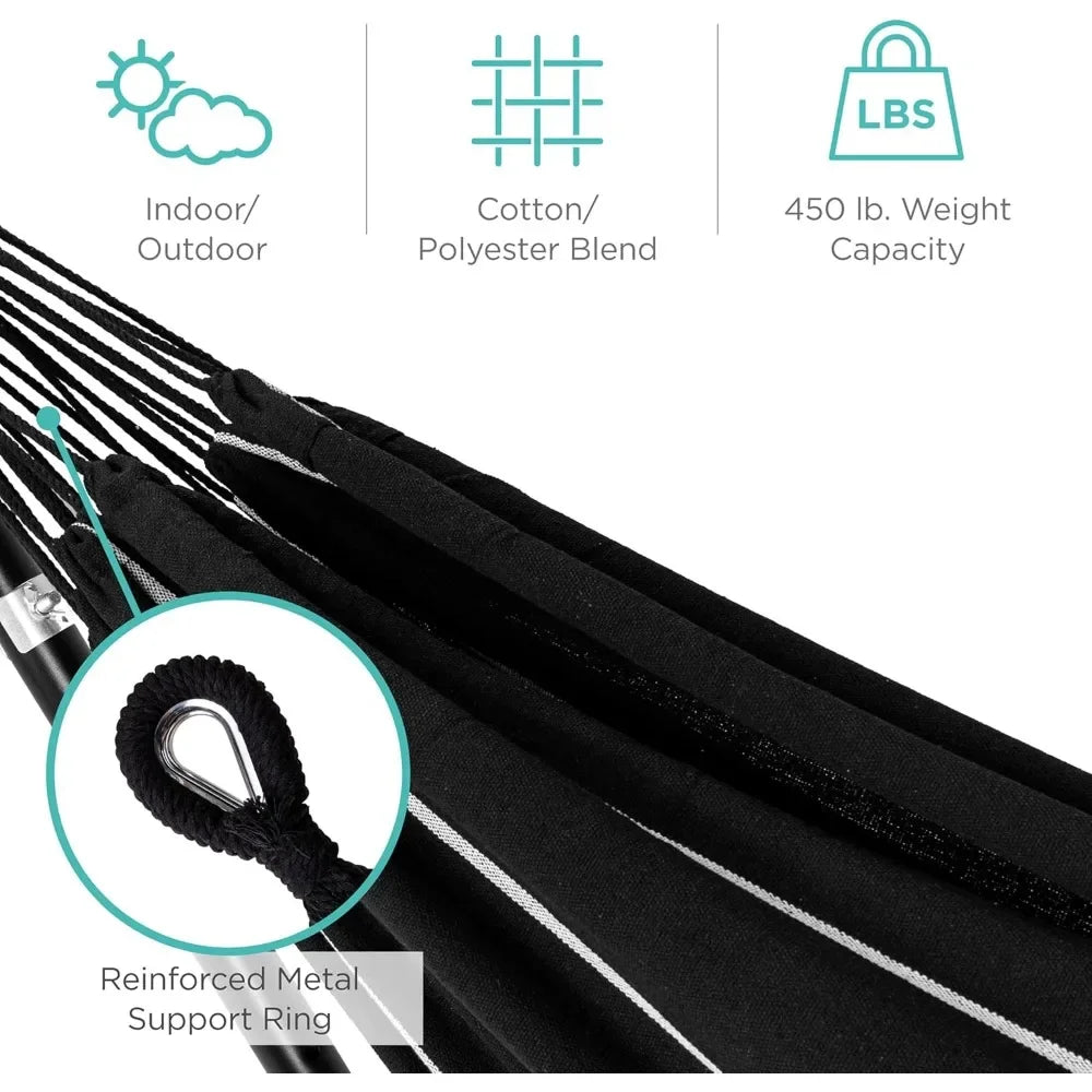 Double Hammock with Steel Stand, Indoor Outdoor Brazilian-Style Cotton Bed w/Carrying Bag