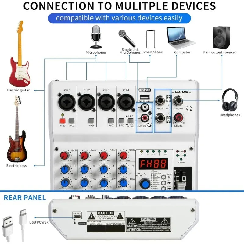 NEW 6-Channel Audio Mixer with 99 Sound Effects for PC,Portable Sound Mixing Console with Bluetooth USB Recording Input