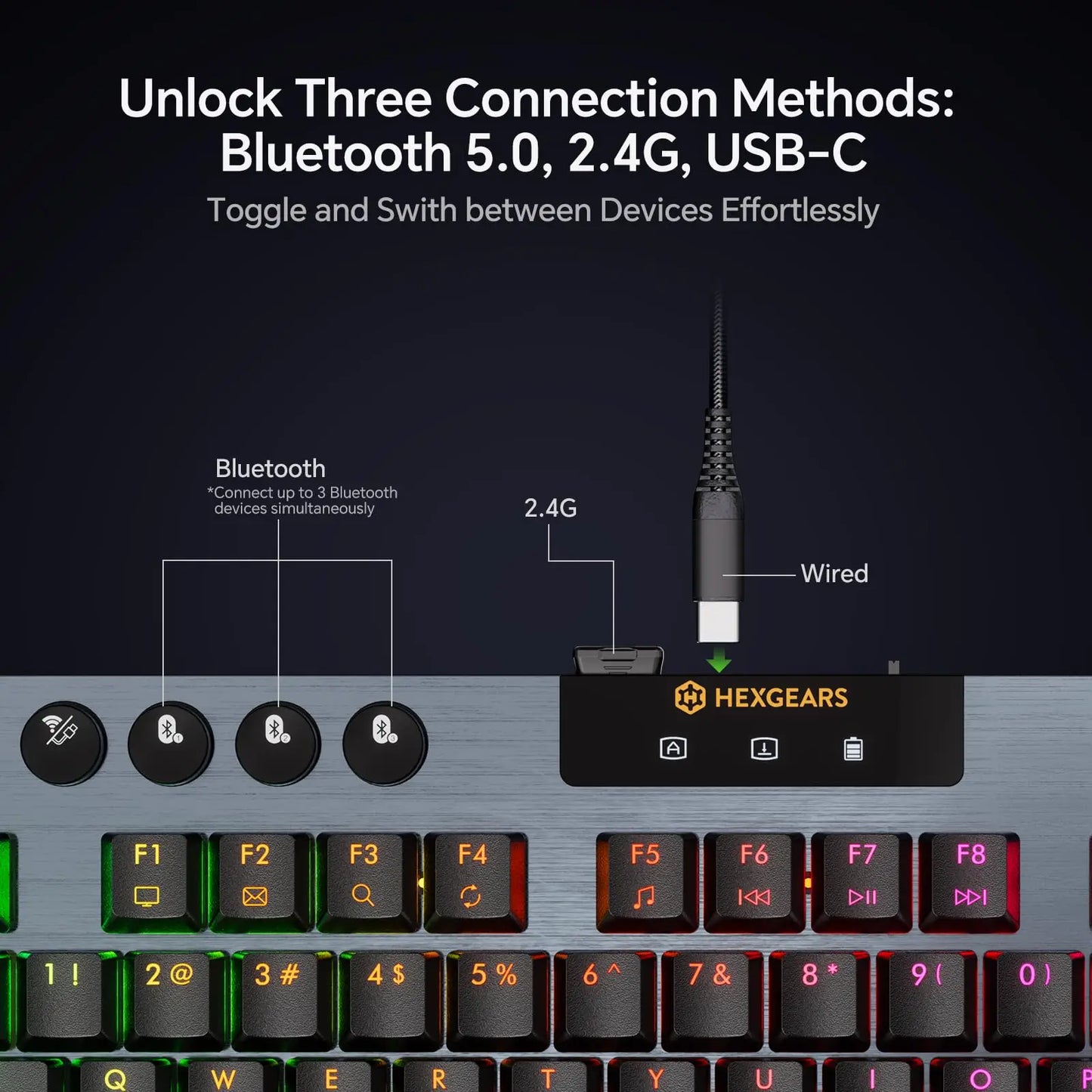 HEXGEARS A3 Bluetooth/2.4GWirless/Type-C Wired Mechanical Keyboard 87 Key RGB Hot Swap Kailh Switch Gaming Keyboard Mechanical