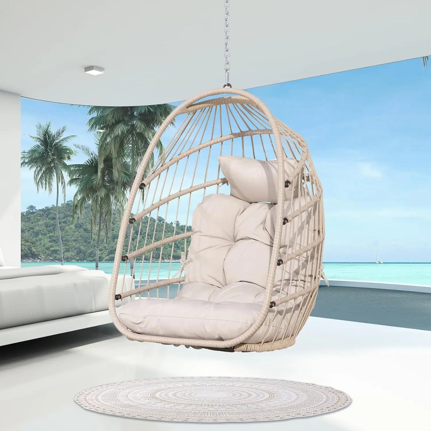 Swing Egg Chair Outdoor Indoor, Patio Wicker Hanging Egg Chairs with Stand, Swinging Hammock with Padded Cushions,