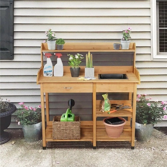 Potting Bench Table Patio Outdoor Garden Work Station Planting Shelf Sink Drawer Solid Wood Construction, Deck, Balcony  (Color