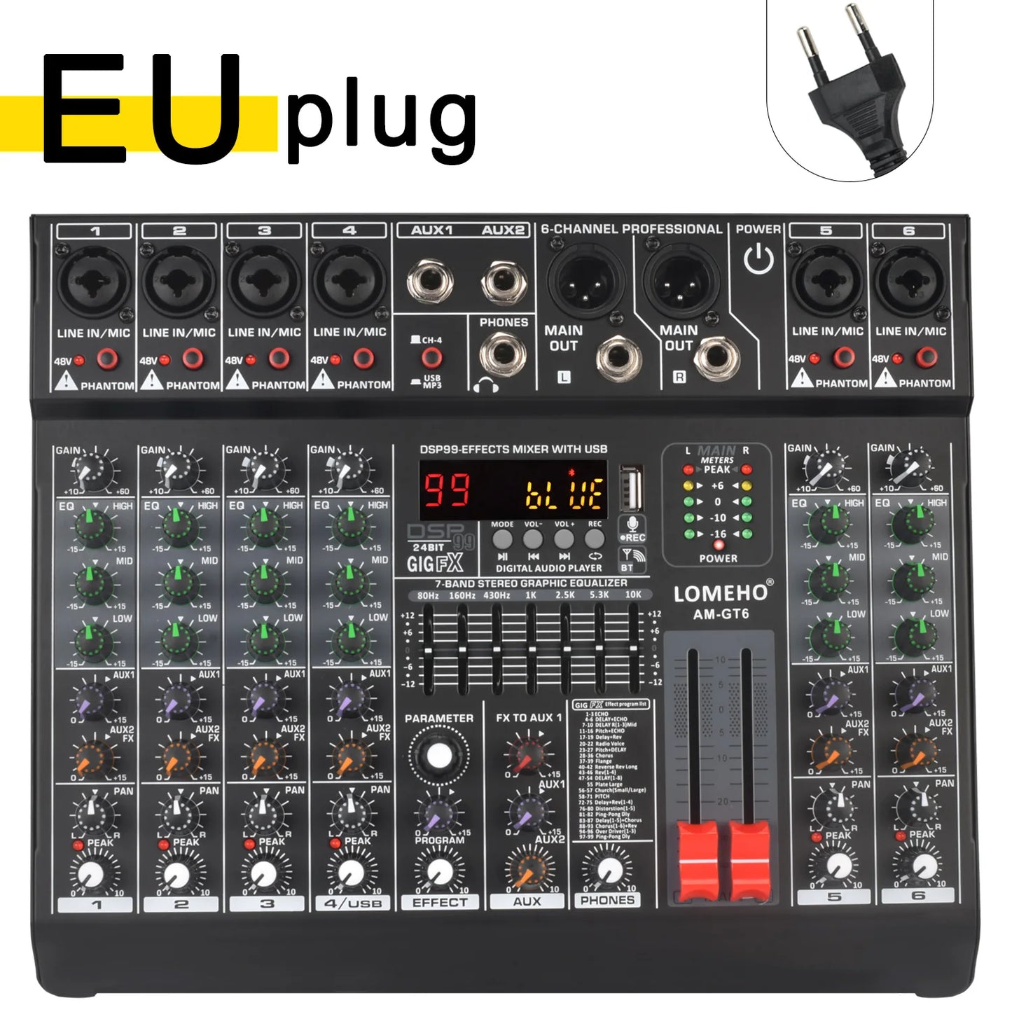 Lomeho 6 Channels Mixing Console Mono 99 Digital Effect USB Sound Table Record Bluetooth 48V 2 AUX Audio Mixer Dj Karaoke AM-GT6