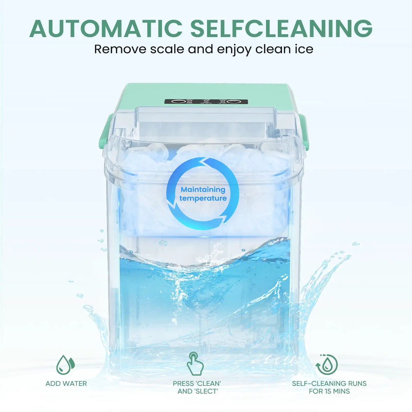 Countertop Ice Maker, Machine Self-Cleaning, 2 Sizes Bullet Ice, Portable Ice Machine with Ice Scoop, Basket and Handle, Green