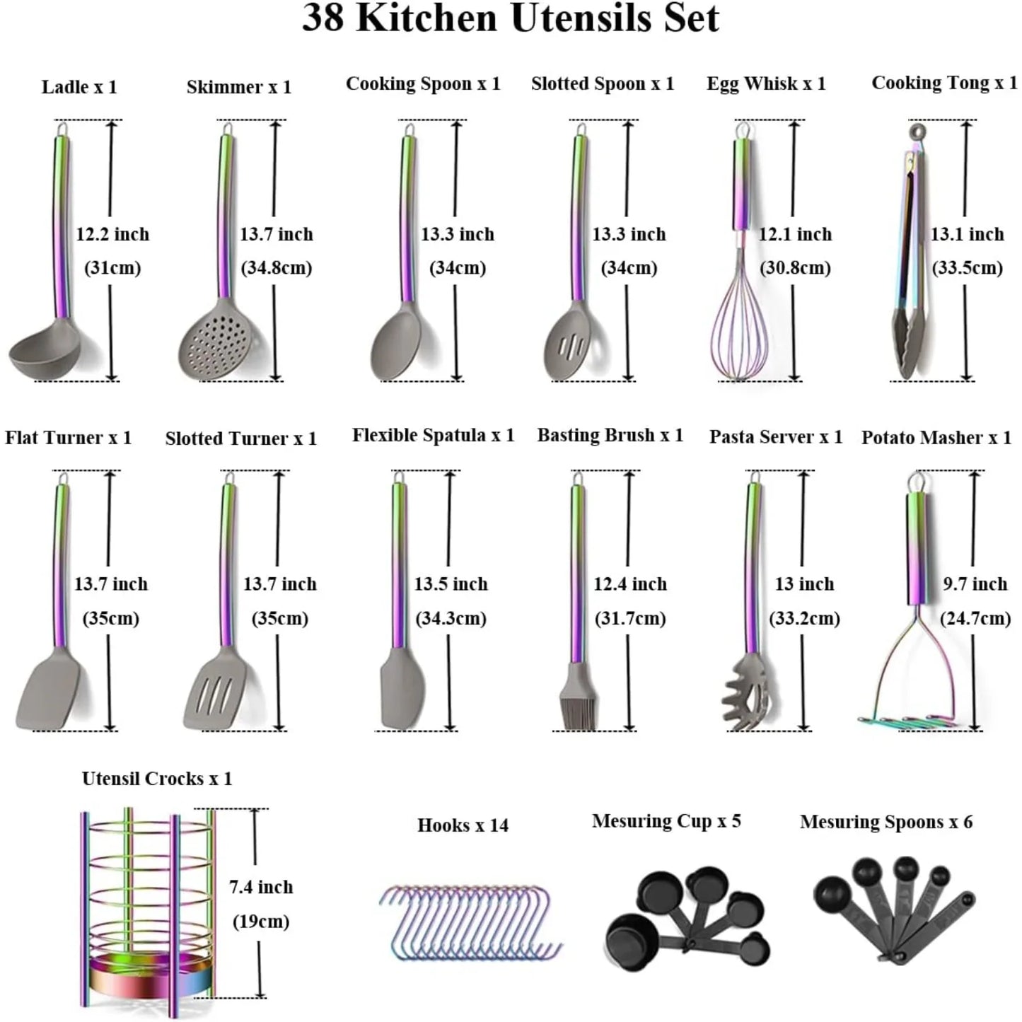 38 Piece Silicone kitchen Cooking Utensils Set with Utensil Crocks, Silicone Head and Stainless Steel Handle Cookware