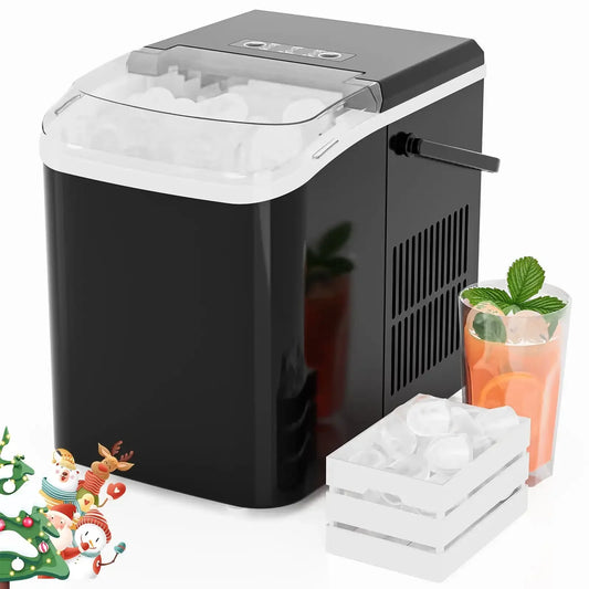 Countertop Ice Maker, Machine Self-Cleaning, 2 Sizes Bullet Ice, Portable Ice Machine with Ice Scoop, Basket and Handle, Black