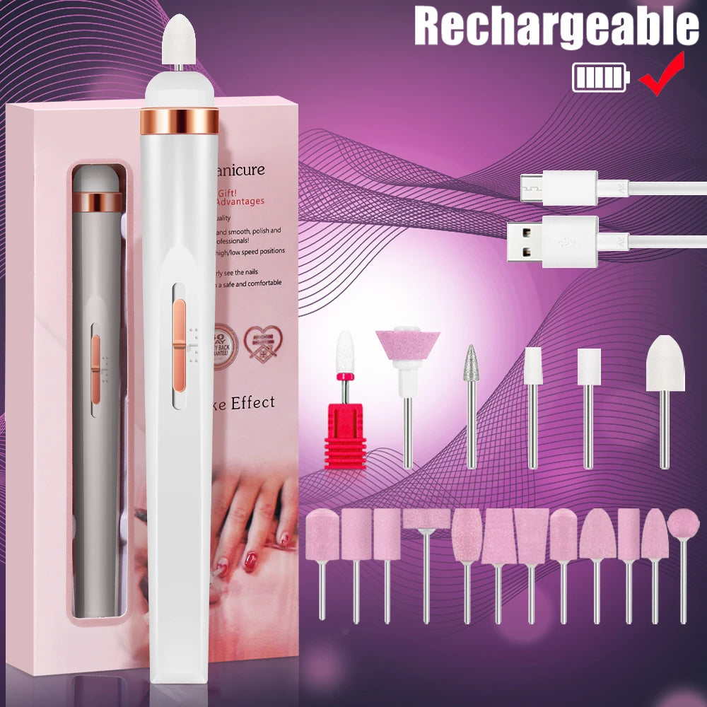 LULAA Portable Nail File Care Electric Nail Drill with 5 Attachment Drill Bits USB Charge for Manicure and Pedicure Tools