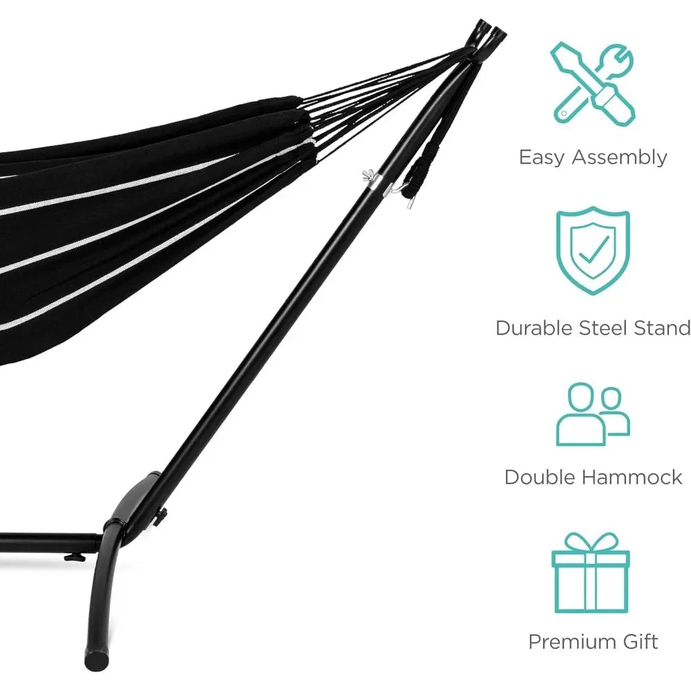 Double Hammock with Steel Stand, Indoor Outdoor Brazilian-Style Cotton Bed w/Carrying Bag