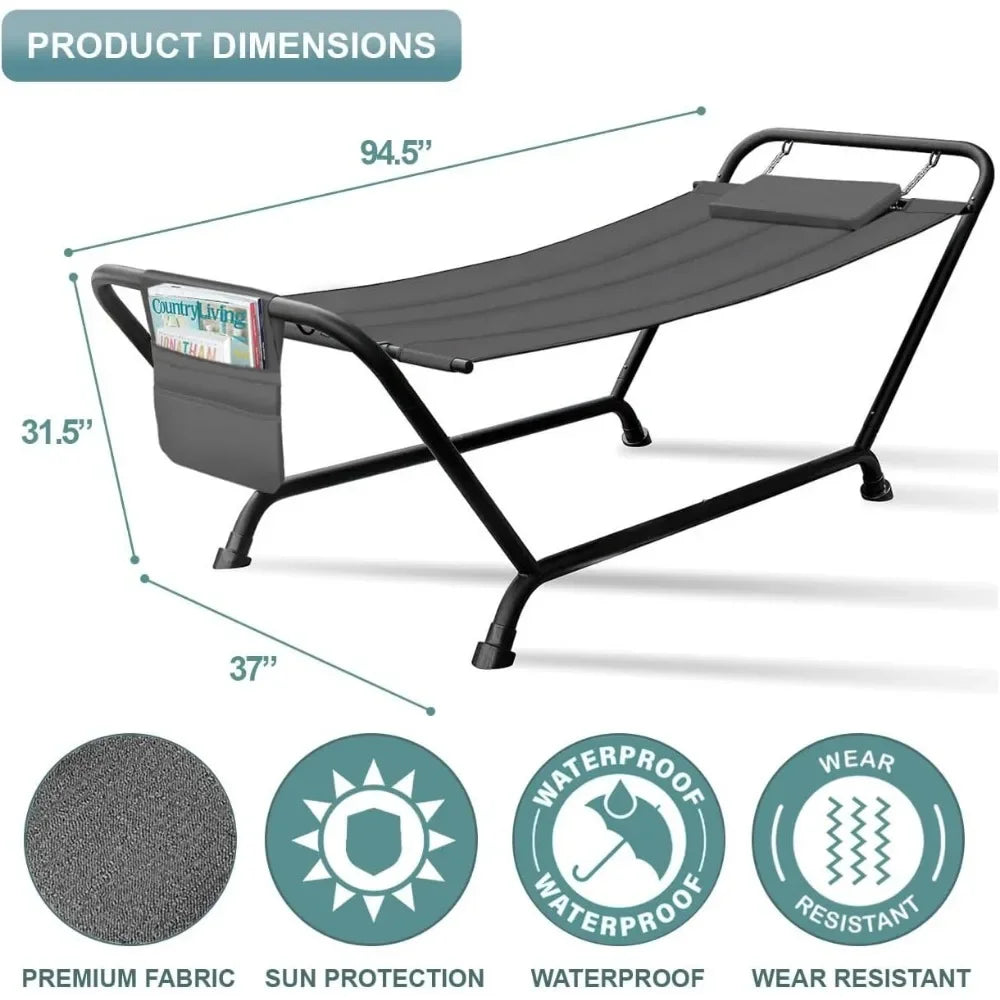 Cozy Hammock Bed- Patio Hammock with Stand w/Pillow and Storage Pockets- Heavy Duty 500lbs Support- Durable Outdoor Hammo