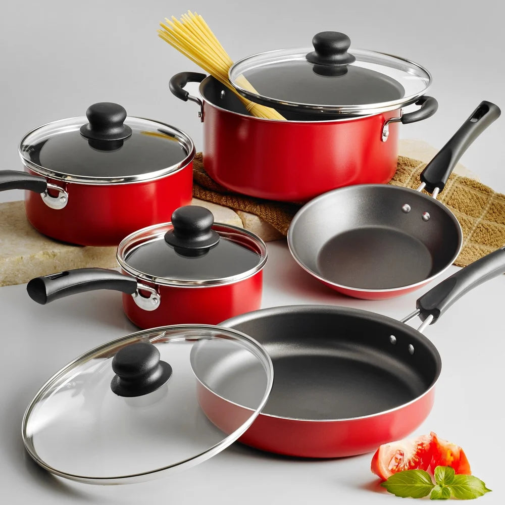 9 Piece Nonstick Cookware Set with Tempered Glass Lids Easy Clean Aluminum Stackable Design Everyday Cooking